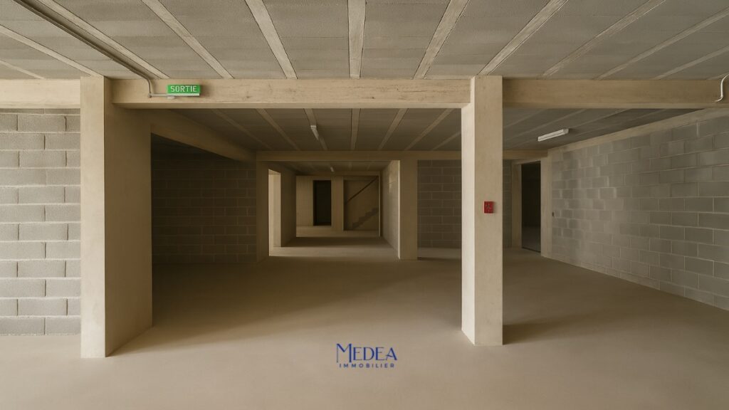 Un parking souterrain avec un panneau de sortie et des murs en blocs de béton