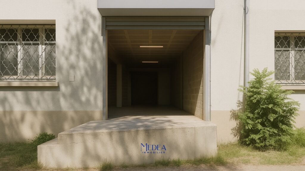Entrée de garage avec escalier en béton et végétation